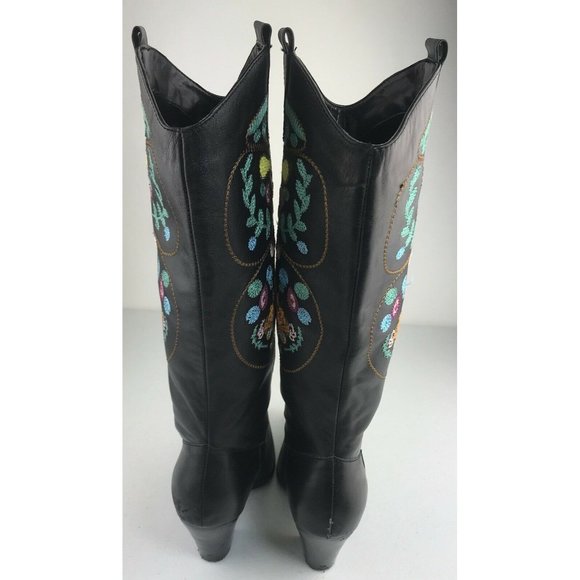 TWO LIPS Chessa Black Embroidered Western Style Leather Boots Sz 6.5 - Picture 6 of 7